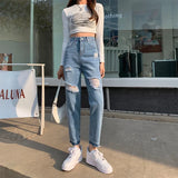Trendy High-waist Ripped Jeans For Women Slimming Loose-fit Versatile Denim Pants