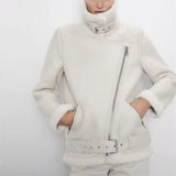 Autumn Winter Women New Fur Integrated Thermal Jacket Coat Faux Leather Long-sleeved Lapel Padded Warm Chic Female Outerwear