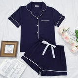Dermearne Summer Women's Pajamas Sets Short Sleeve Notched Collar Top Tee Button Down Elastic Waist Shorts Home Suit Loungewear Sleepwear