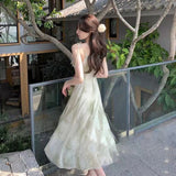 Women Dress Summer French Vintage Midi Dresses Print Elegant Party Sweet Female Clothes Korean Casual fairy Dress