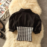 Polo Collar Stitching Houndstooth Shirt Women's Summer Design Sense Niche Pure Desire Sweet Hot Girl Short Puff Sleeve Top