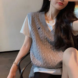 DERMEARNE  Embroidered V-neck Sweater Knit Vest Women Fashion Autumn Loose Knitted Outerwear Vintage Solid Sleeveless Female Top Warm