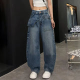 DERMEARNE Women Jeans Autumn 2026 New Fashion jeans Pocket patchwork asymmetry Design Long Trousers Women's Clothing Cotton thin pants