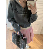 Deeptown Women Cropped Hoodies Vintage Y2k Korean Style Zip Up Sweatshirts Sweet Bow Embroidery Casual Cotton Hoodies Harajuku