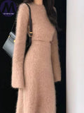 Two Piece Set for Women Imitation Mink Velvet O Neck Sweater Top Suits Slim Fit Dress Sets New Autumn Winter 2024