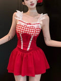 2024 Sexy Sweet Y2k 2 Piece Set Women French Fashion Bow Mini Skirt Suit Female Solid Plaid Strap Tops+High-waisted Skirt Summer