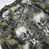 Y2k Gothic Grunge Cross Skull Print T-shirt for Women Fall Long Sleeve 90s E Girl Vintage Mall Goth Pullovers Emo Alt Tops