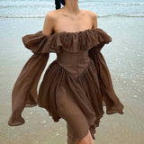 Elegant Chiffon Corset Dress Brown Flare Long Sleeve Mini Dresses Vacation Short Party Dress Ruffles Slash Neck Outfit
