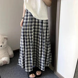 Plaid Long Skirt Women Vintage Ruffle Kawaii Midi Skirt Preppy Style Korean Fashion Loose Casual A-line Retro Skirts