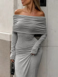 Tossy Fashion Autumn Knit Long Dress Women's Off-Shoulder Patchwork Ribbed High Waist Slim Ladies Dress Knitwear Elegant Dress