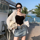 Long Sleeve Sunscreen Shirt Woman Korean Fashion Back Split Lace Up White Shirts Women Casual Loose Holiday Beach Blouse