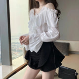 Sexy Off Shoulder Blouses Women Ruffles Solid Slash Neck Chiffon Shirts Office Lady Korean Flare Long Sleeve Casual Tops