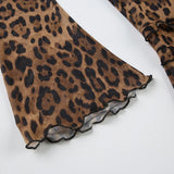Leopard Print Lace-Up Blouse Shirts Women Semi-Sheer Mesh Elegant Fashion Sexy Flared Sleeve Ruffled Cardigan Tops