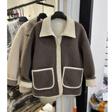 Winter Casual Khaki Women Coat New Korean Loose Double Faced Leather and Fur Thickened Jacket Fashion Overcoats Turn-down Collar