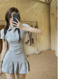 Summer New Fashionable First Love Gentle Style Fishtail Polo Dress Solid Embroidery Rib Button Short Sweet Women SHWP