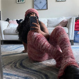 Knitted Sweater Leggings 2024 Women Winter Stacked Fur Pants High Waist Fashion Trousers Skinny Casual Sexy Club Flare Trouser