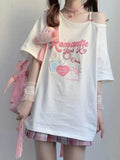 Women Kawaii Off Shoulder T-shirt Harajuku Sweet Girl White Tops Y2k Aesthetic Cute Graphic Tees Japanese Fashion Shirt