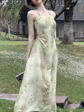 Summer Elegant Vintage Floral Dress Office Lady Casual Sleeveless Strap Midi Dress Women Even Party One Piece Dress Korean