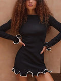 Dermearne Elegant Round Neck Pleat Long Sleeve Women's Dress Casual Slim Black White Short Dresses 2024 New Female Chic Party Street Robes