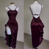 Dermearne Sexy Satin Bodycon Long Dress Women Vintage Backless Strapless Ruffles Fork Party Club Elegant Evening Dresses Female Vestidos