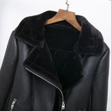 Black Short PU Leather Jacket Winter Women Warm Faux Leather Jacket Motorcycle Long Sleeve Faux Fur Collar Thick Fluffy Coat XL