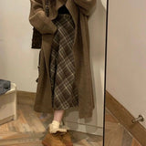 Vintage Plaid Skirt Women Preppy Style Autumn Winter Long Skirts Retro High Waist Streetwear Casual A-line Midi Skirts