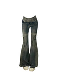 Women's Blue Patchwork Flare Jeans Baggy Harajuku Denim Trousers Y2k Jean Pants Vintage Japanese 2000s Style Trashy Clothes New
