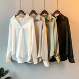 Silk Satin Office Ladies Elegant Shirts And Blouses Korean Button Up Satin Shirts For Women Vintage Long Sleeve White Shirts Top