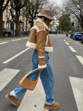 Women Autumn Winter Plush Spliced Leather Jacket Elegant Lapel Long Sleeves Cropped Coats Fashion Lady Commuting Street Outwear