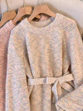 Women's Elegant Lace Up Sweater Dress Autumn Winter 2024 New Soft Loose Round Neck Long Sleeved Pullover Knitted Mid-length Top