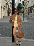 Vintage Brown Buttons Pocket Suede Leather Coats Women Fashion Long Sleeves Short Bomber Jacket Autumn Lady High Street Outwear