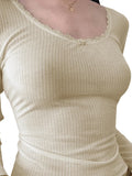 Women Long Sleeve Knitted Shirts Solid Color Casual Ribbed Tight Basic Tees Fall Y2k Clothes Streetwear Blouses Going Out Tops