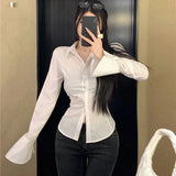 Dermearne Women Bandage Shirts Streetwear White Flare Long Sleeve Slim Blouses Spring Korean Fashion Black Lace Up Casual All Match Tops
