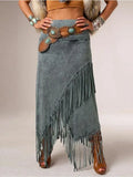 DERMEARNE Women's Tassel Skirt Vintage High Asymmetric Hem India Folk Straight Solid Casual High Street Autumn Fashion Female Split Skirts