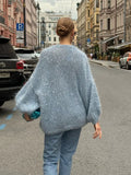Elegant Shiny Fluffy Mohair Women's Sequin Cardigan Loose V Neck Lantern Sleeves Single Breasted Coats Female Chic Knitwear 2024