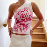 Floral Print Fitted Tops Women Resort Wear Graphic Tees Summer 2024 Casual One Shoulder Slash Backless Tank Top