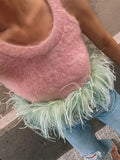 Women Sweet Pink Spliced Feather Cropped Knit Vest Sexy Skinny O Neck Sleeveless Pullover Top 2024 Autumn Lady Club Elegant Tank