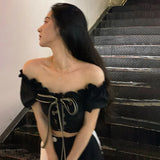 Women Shirt Bow Bandage Slim Sexy Sweet Korean Version Puff Short Sleeves Off Shoulder Exposed Navel Female Blouse