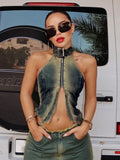 Dermearne Chic Denim Tank Tops Women's Halter Neck Zip-up Crop Top High Street Fashion Bandage Backless Hollow Out Blue Jeans T-shirt