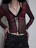 Coquette Sexy Tie Dye Mesh Tops Women Y2k Bandage Crop T Shirts Harajuku Gothic Grunge Aesthetic V Neck Long Sleeve Tees
