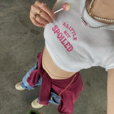 Y2K crop tops 2022 Aesthetic Cute Pink Letter Embroidery Baby Tees 2000s Vintage Ribbed O-Neck Harajuku Short Sleeve T-Shirt топ