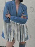 Denim Suits Jacket Flip Collar Single Button Commute Elegant Loose Casual Vintage Street Fringe Suit Top Women