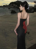Women Black Red Colorblock Slim Vacation Spaghetti Strap Long Dress Summer Elegant Round Neck Backless Fishtail Dresses 2024 New