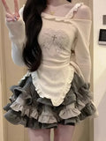 Dermearne 2 Piece Sets Women Y2K Outfit Off Shoulder Top Skirt Set Two Piece Set Korean Style Party Holiday Look Sexy Wear Matching Set