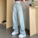 Distress Washed High Waist Loose Straight Leg Jeans Fashion Women Light Blue Student Straight Leg Trousers Large Size XS-2XL
