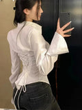 DERMEARNE Spring And Summer High Street Sexy Suspender Shirt Female Trumpet Sleeve Lapel Slim Female Fashion Single-Breasted Sweater
