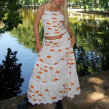 Dermearne Women's Fashion Summer INS Goldfish Pattern Printed & Skirt Set Temperament new Female Casual High Waist Skirts 2 Piece Outfits