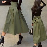 New Autumn Black Skirts Womens Korean Fashion Solid Color Big Swing Female Skirt Long Skirt Wild High Waist Bow Slim Skirts