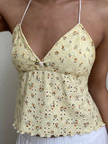 Women Halter Neck Cami Tops Sleeveless Floral Print Camisole Spaghetti Strap Backless Yellow Shirts Streetwear