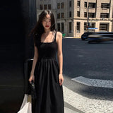 Korean Elegant Midi Dress Women Fashion Hepburn Style All Match A Line Dress Ladies Harajuku Black Casual Pleated Party Dress